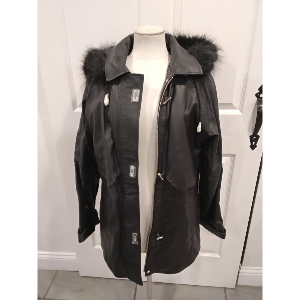 NWOT Croft & Barrow Womens Black Leather Parka Jacket Fur Trim- L